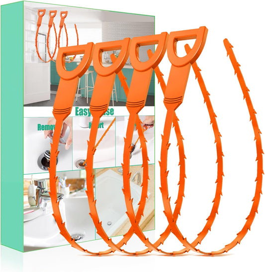 Drain Snake Hair Clog Remover 4 Pack – Drain Cleaner Tool for Sink, Shower, Bathtub, Tub (Orange)