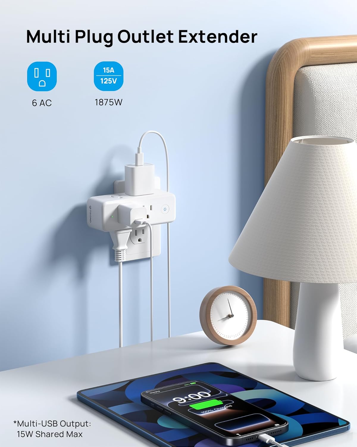 TROND 360° Rotating Multi Plug Outlet Extender, 3 Sided Widely Spaced Splitter with Power Switch, 1440J Surge Protector Electrical Expander, Small Wall Adapter for Dorm Home Office Travel Essentials