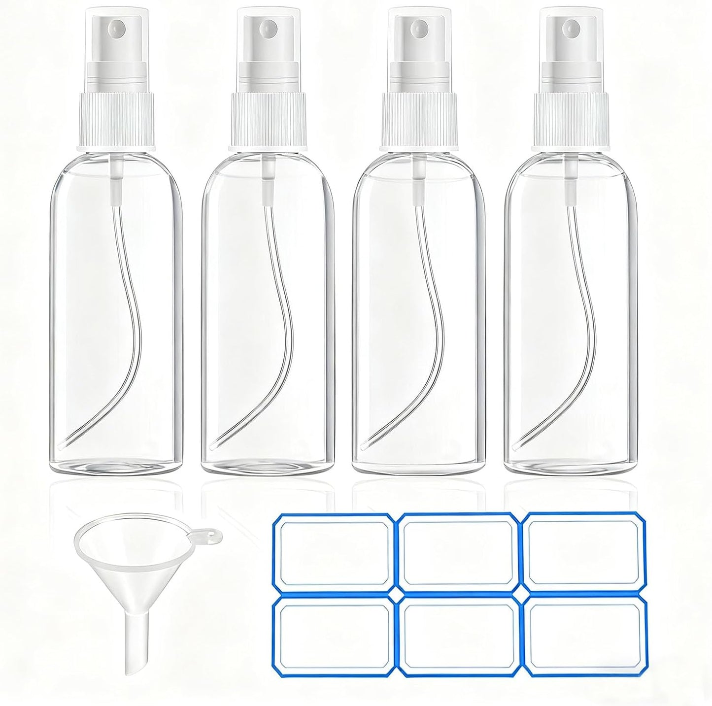 DTDNZKN 4 Pack 3.4 Oz (100ml) TSA Approved Travel Bottles, Travel Size Containers Spray Bottles with Labels - Fine Mist, Refillable, Reusable, Leak Proof