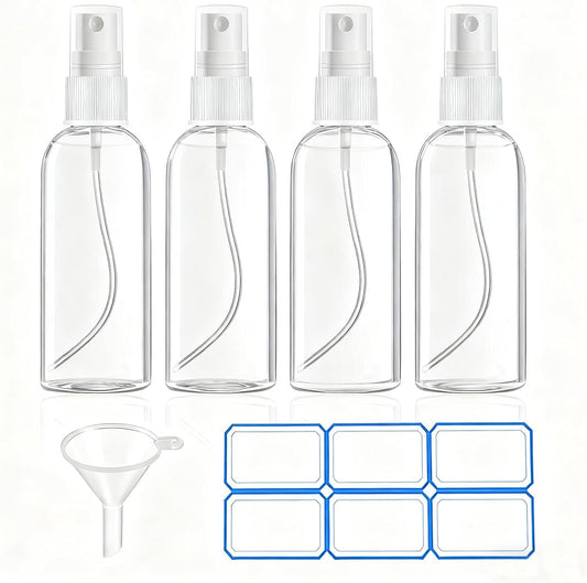 DTDNZKN 4 Pack 3.4 Oz (100ml) TSA Approved Travel Bottles, Travel Size Containers Spray Bottles with Labels - Fine Mist, Refillable, Reusable, Leak Proof
