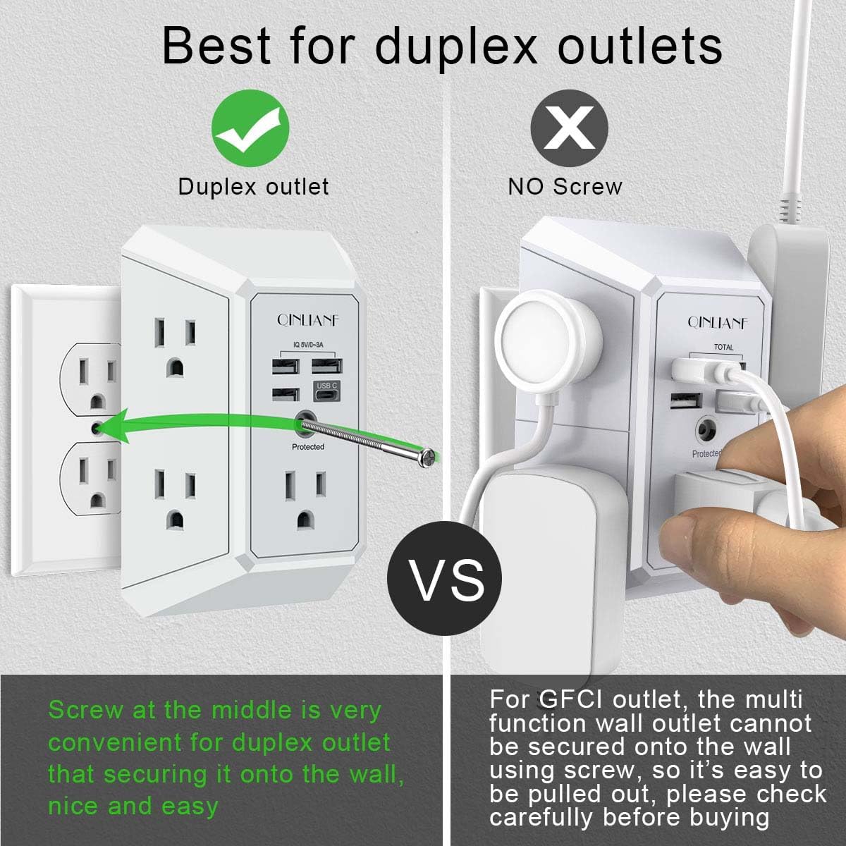 Wall Charger, Surge Protector, QINLIANF 5 Outlet Extender with 4 USB Charging Ports (4.8A Total) 3-Sided 1680J Power Strip Multi Plug Adapter Spaced for Home Travel Office (3U1C)