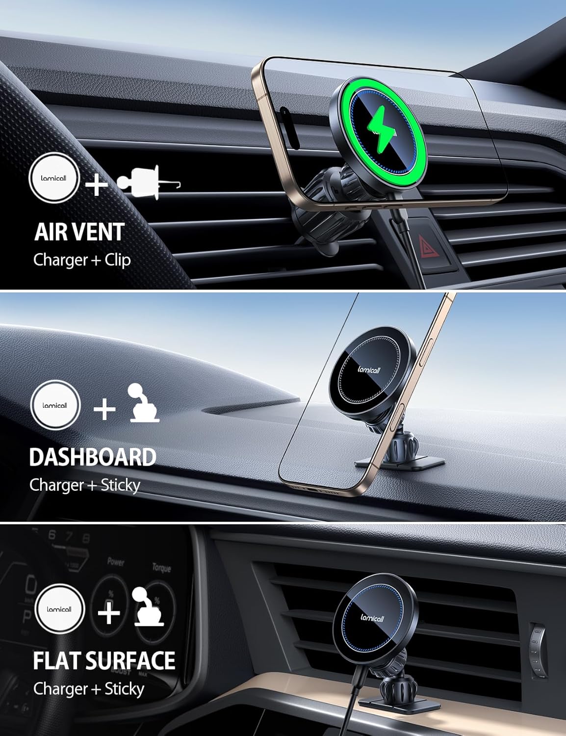 Lamicall 15W for Magsafe Car Mount Charger - Wireless Vent & Dashboard Magnetic Phone Holder Charger, for iPhone 17, 17 Pro, 17 Pro Max, iPhone 16 15 14 for MagSafe Accessories, Electrical Accessories