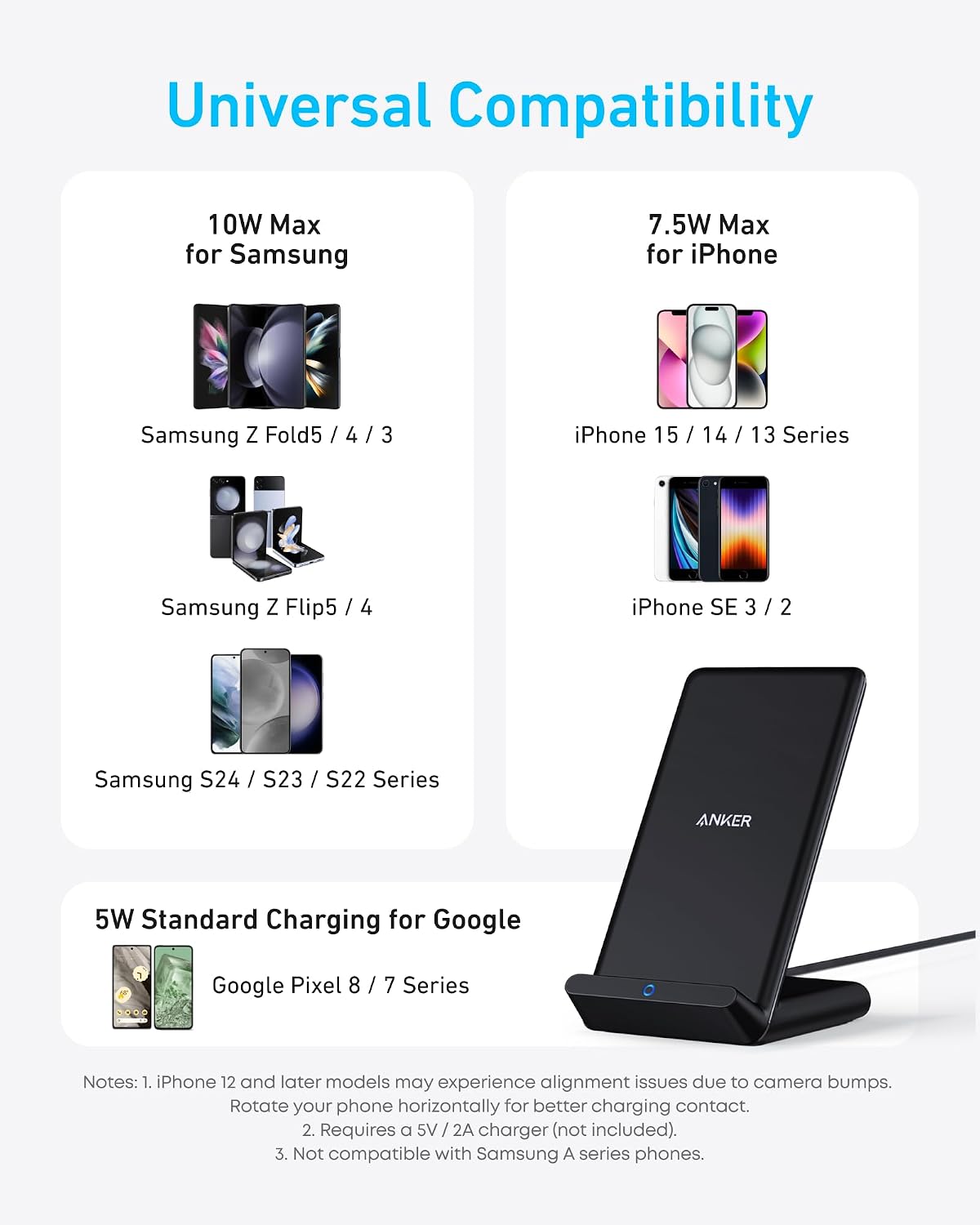 Anker 313 Wireless Charging Stand, Qi-Certified for iPhone 17/16/15/14/13, 10W Fast Charging for Galaxy S23/S22/S21 (No AC Adapter)
