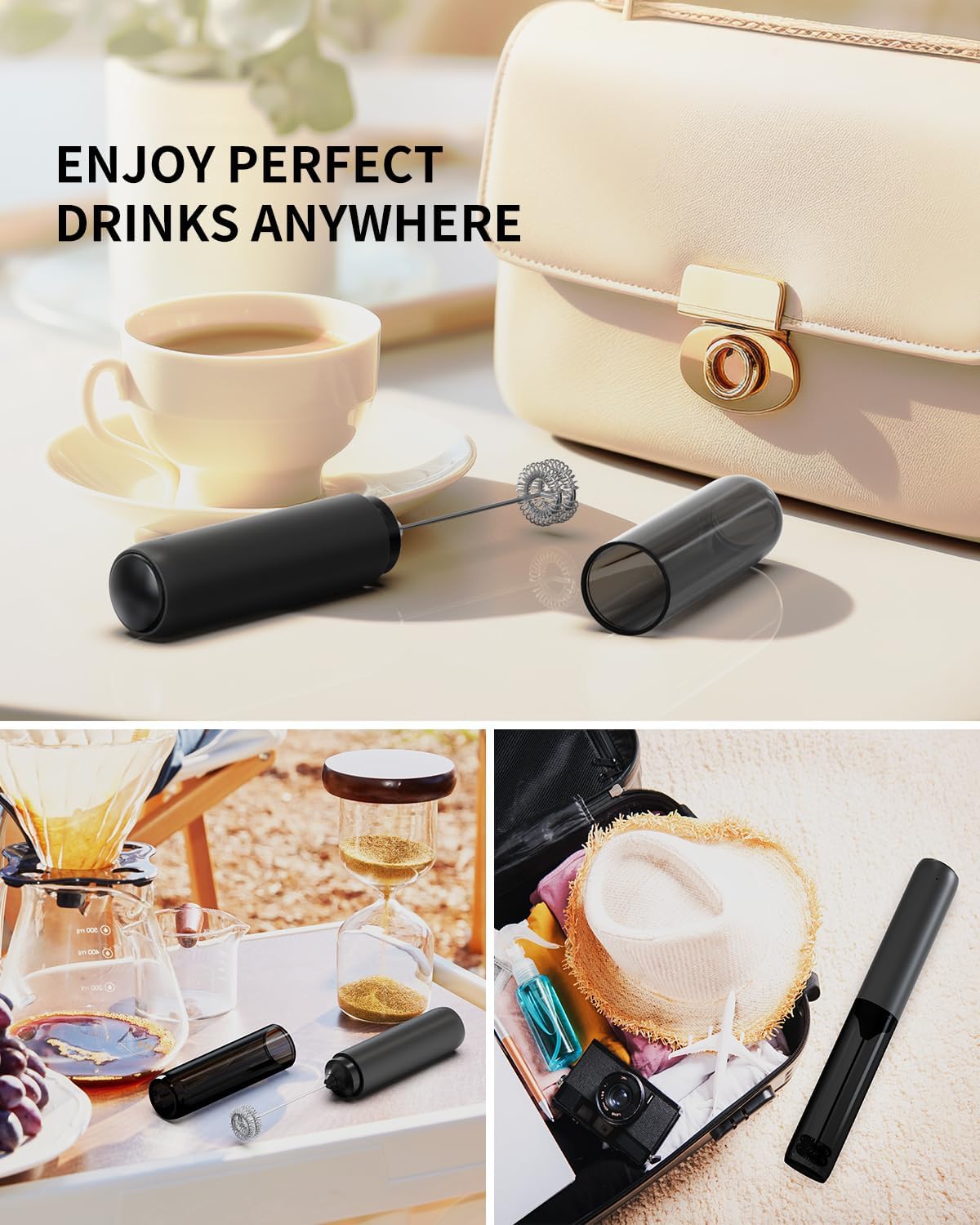 CIRCLE JOY Electric Milk Frother Handheld, Rechargeable Coffee Frother with Dual Spring Whisk, Portable Hand Frother Wand Drink Mixer for Coffee, Hot Chocolate, Cappuccino, Frappe, Matcha, Black