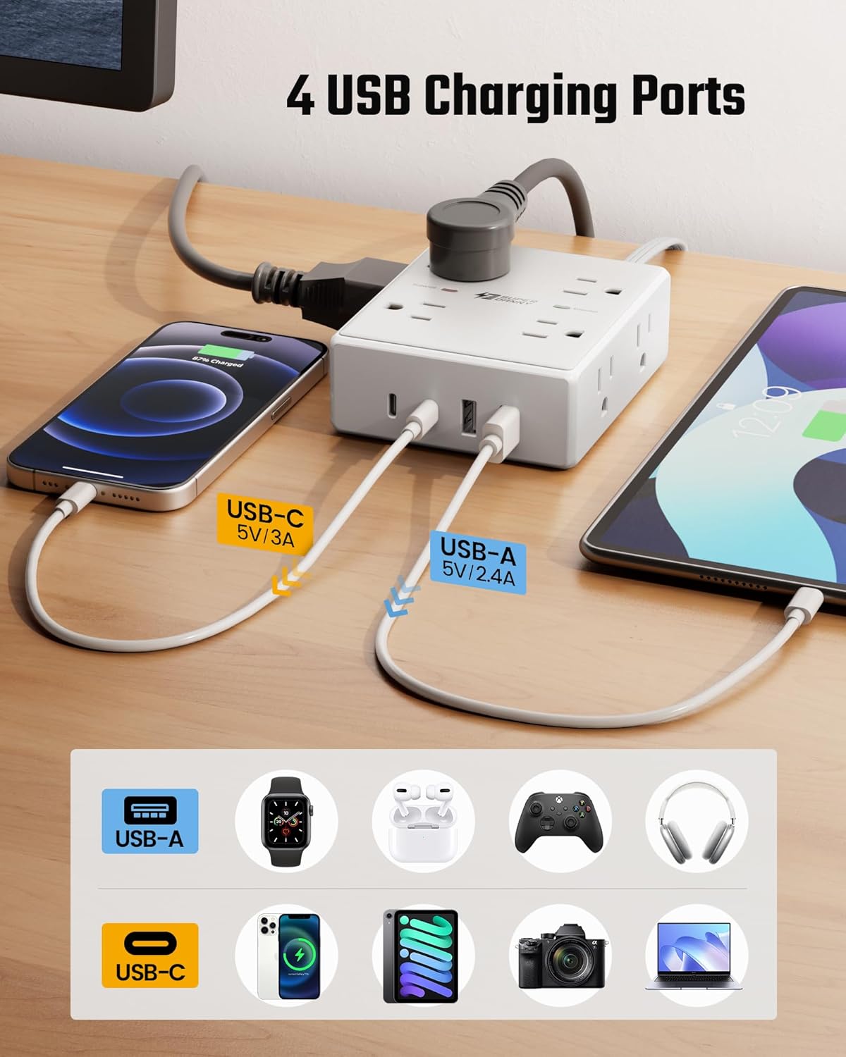 Surge Protector Power Bar, SUPERDANNY 6 Ft Extension Cord with 8 Outlets & 4USB Ports (2 USB 2 C), Mountable Flat Plug Power Strip, Surge Protection for Home, Office, Dorm