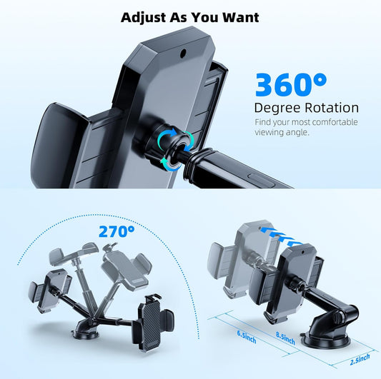 3-in-1 Car Phone Holder, [ Off-Road Level Suction Cup & Clip] Universal Cell Phone Holder Mount Dashboard Windshield Vent One-Hand Operation Holder Compatible with All Smartphones and Cars