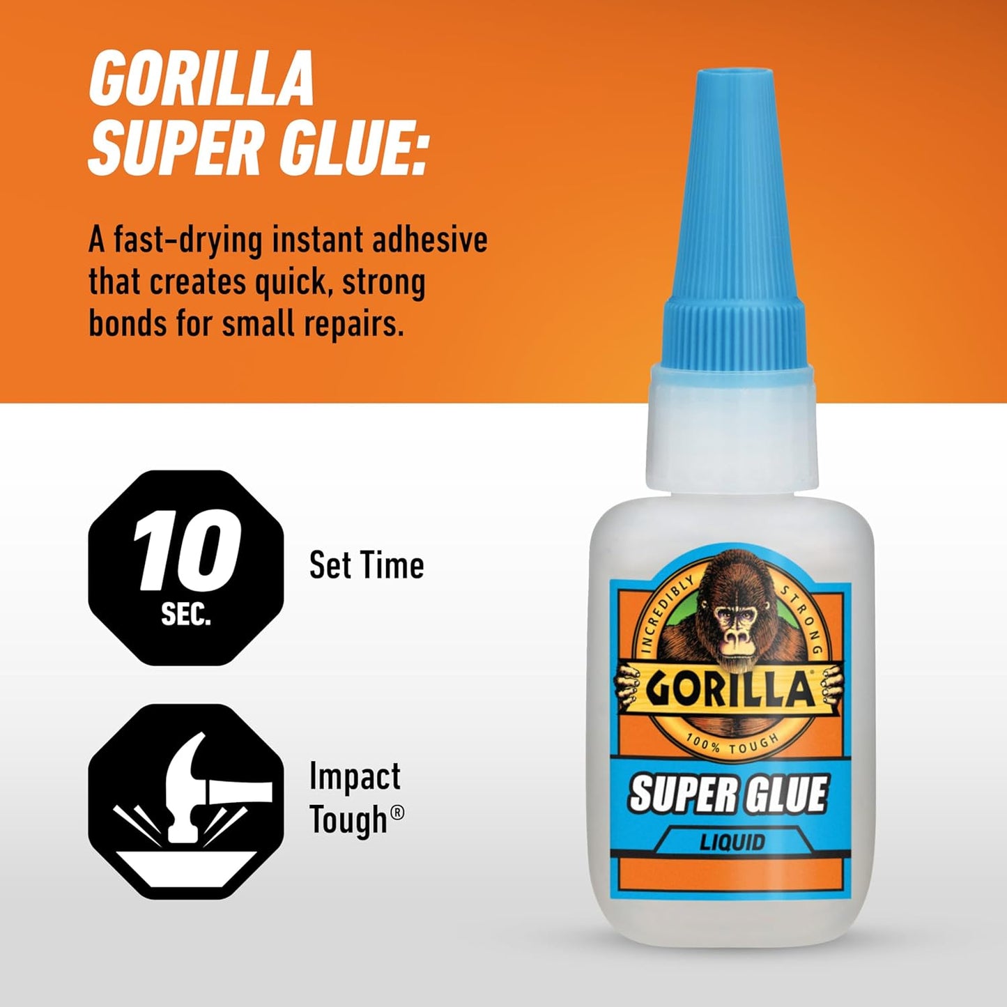 Gorilla Super Glue Liquid, Fast-Setting, Versatile Cyanoacrylate Glue, Anti-Clog Cap, Flow Control Formula, Clear, 0.53oz/15g, (Pack of 1) 112381