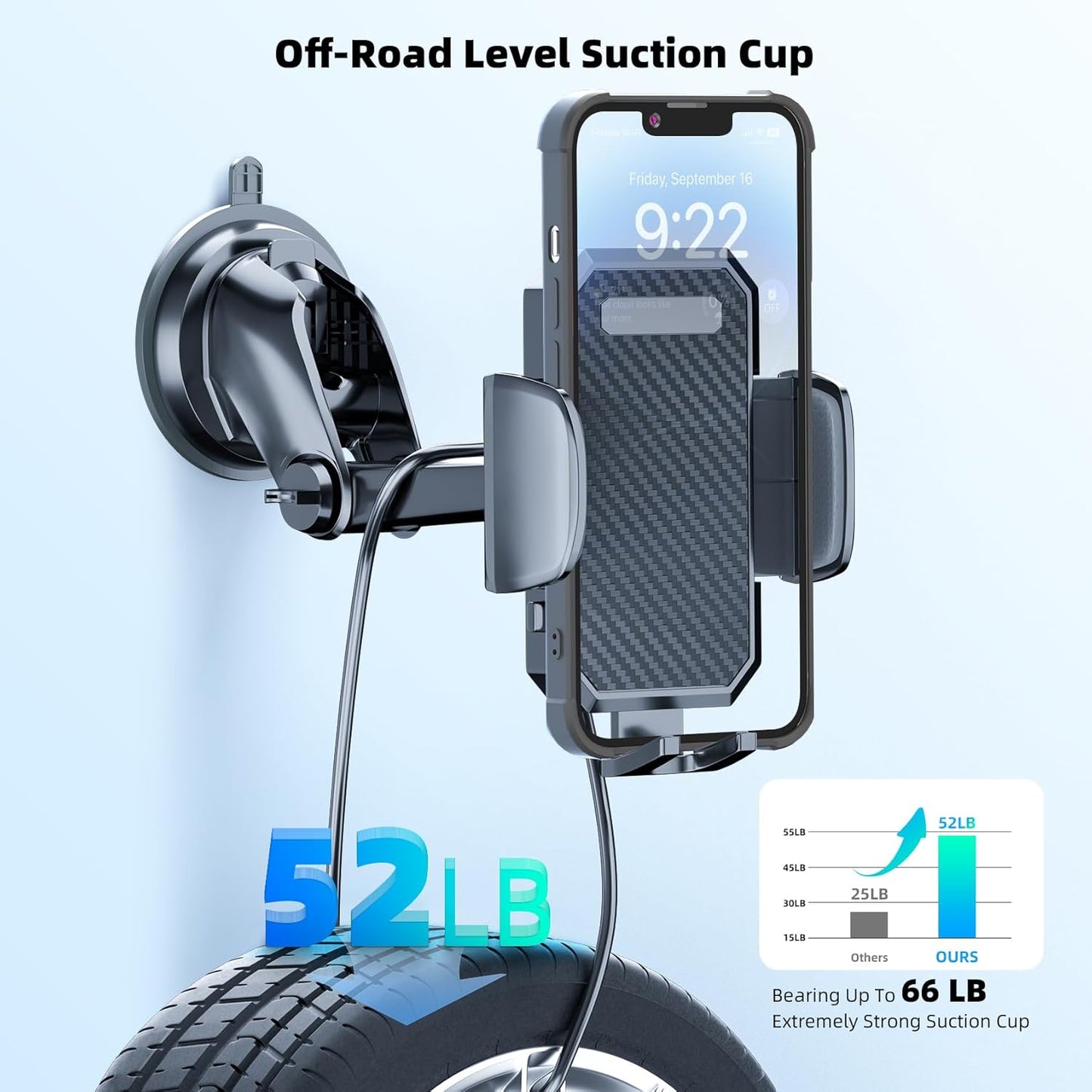 3-in-1 Car Phone Holder, [ Off-Road Level Suction Cup & Clip] Universal Cell Phone Holder Mount Dashboard Windshield Vent One-Hand Operation Holder Compatible with All Smartphones and Cars