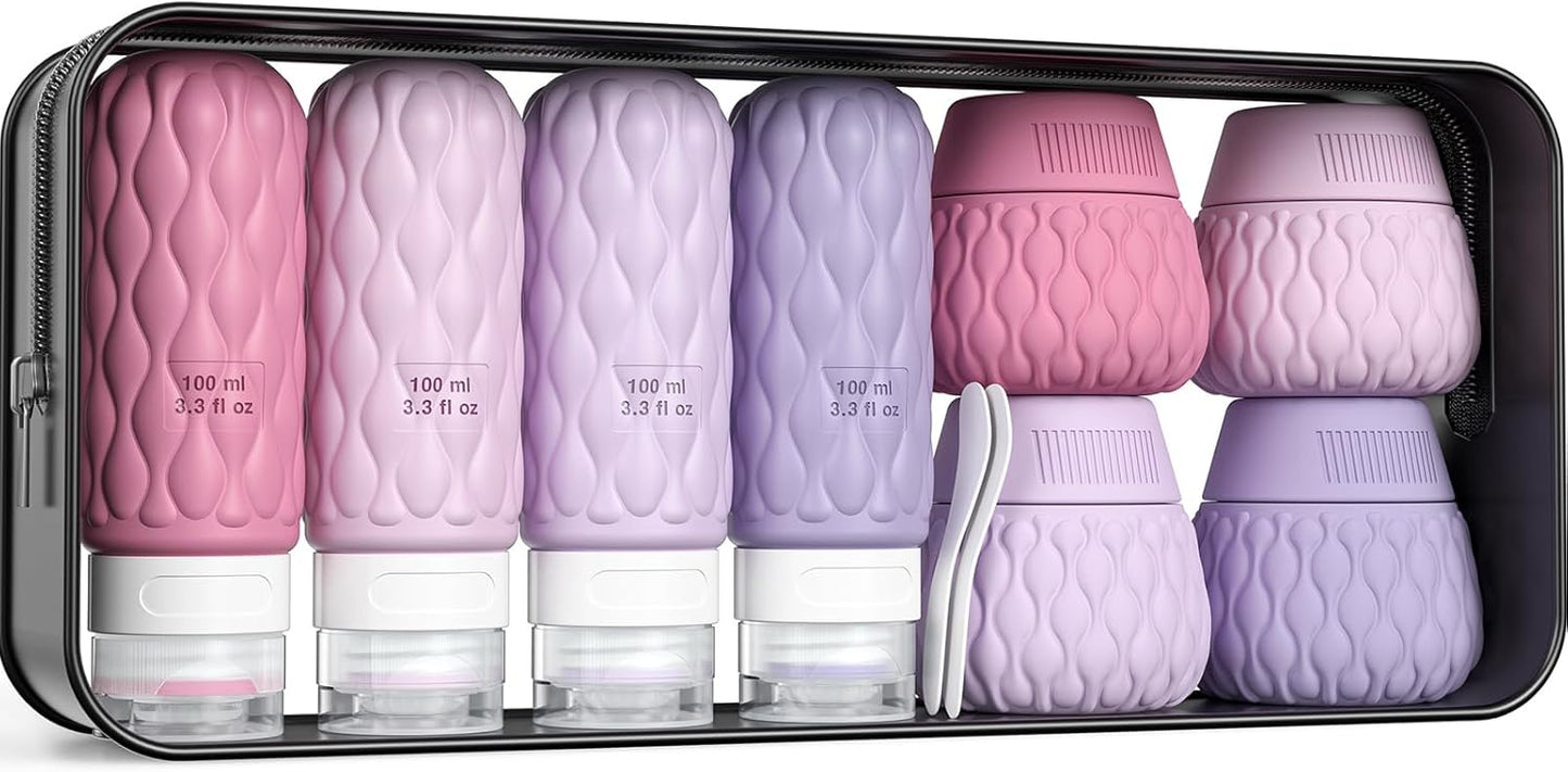 8 Pack Silicone Travel Bottles for Toiletries with Labels/Clear Bag, Holiday Travel Essentials Leakproof Squeeze Travel Size Containers Refillable Cosmetic Jars Set for Shampoo, Conditioner, Creams