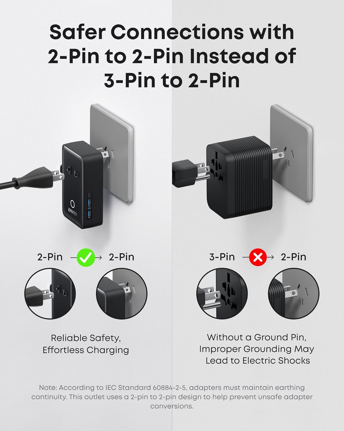 Anker Nano European Travel Plug Adapter, 5-Port Fordable Travel Adapter with 1AC 2USB-A 2USB-C Ports,Temperature Control, Essentials for Over 200 Countries, Ideal for Travel (1-Pack) (Black)