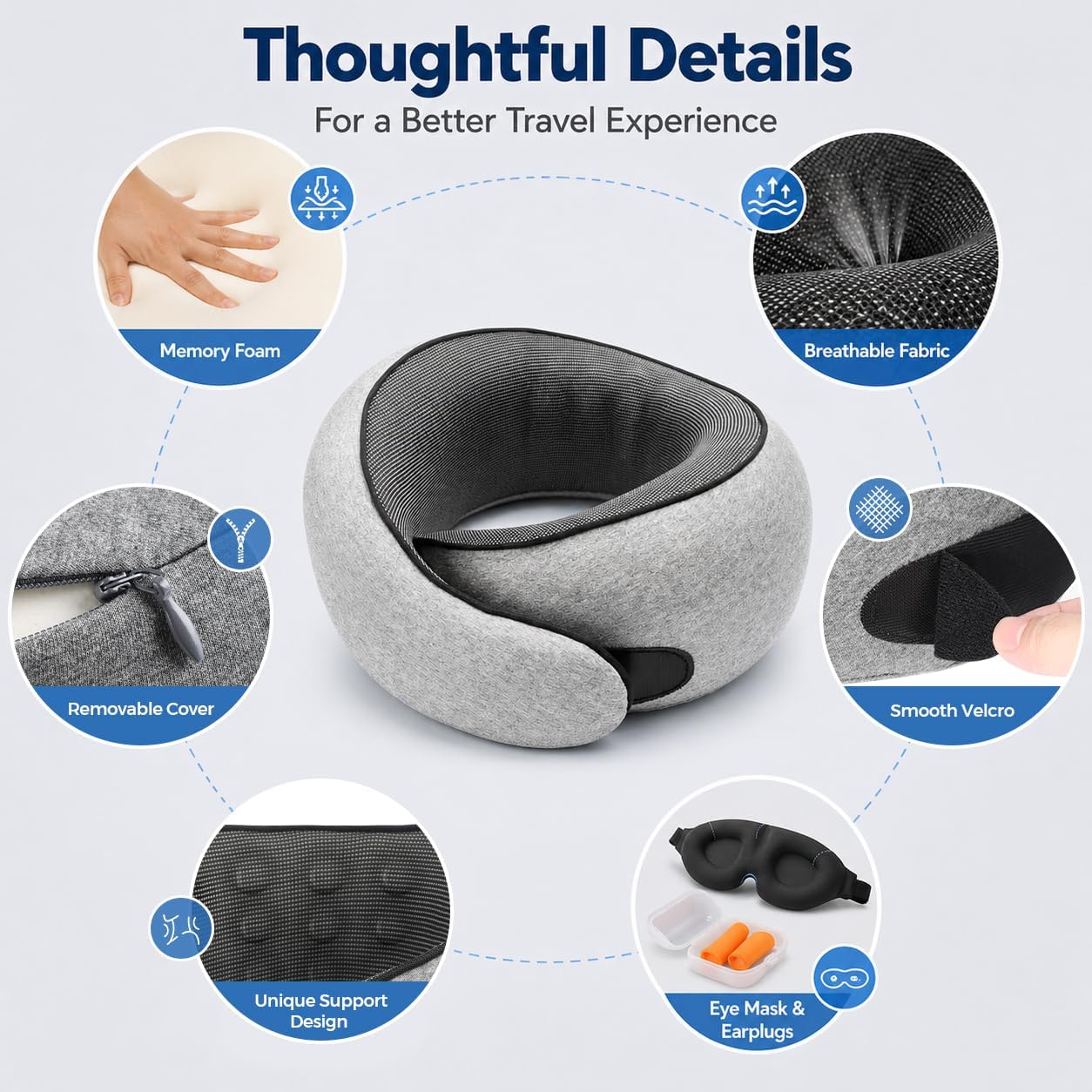 Purroch Neck Pillow Airplane, Travel Pillow with Eye Mask & Earplugs, Memory Foam Pillow with Adjustable Velcro Strap, Pillows for Travel, Plane, Car, Home, Work, Light Grey