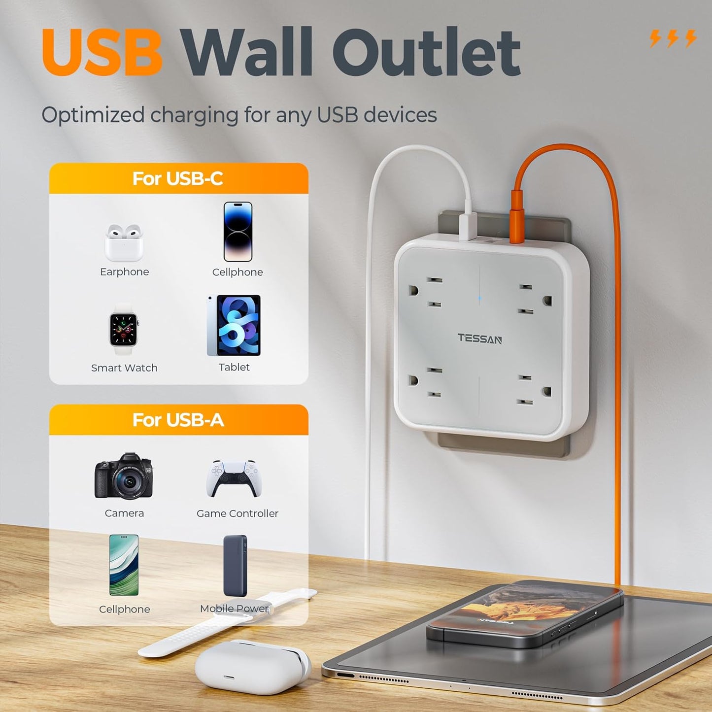 Wall Outlet Extender, TESSAN 4 Multi Plug Outlet Splitter with 1 USB C and 2 USB A Charging Ports, Multiple Plug Extension Block with Surge Protector for Home, Kitchen, Office, Dorm, Gray