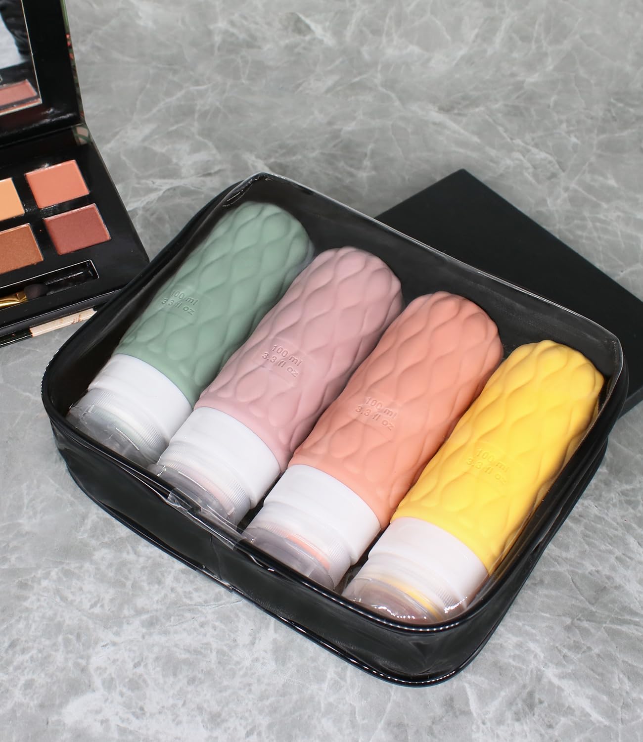 100 ml Silicone Travel Bottles for Toiletries with Labels/Clear Bag, Holiday Travel Essentials Leakproof Refillable Squeeze Travel Size Containers Set for Shampoo and Conditioner