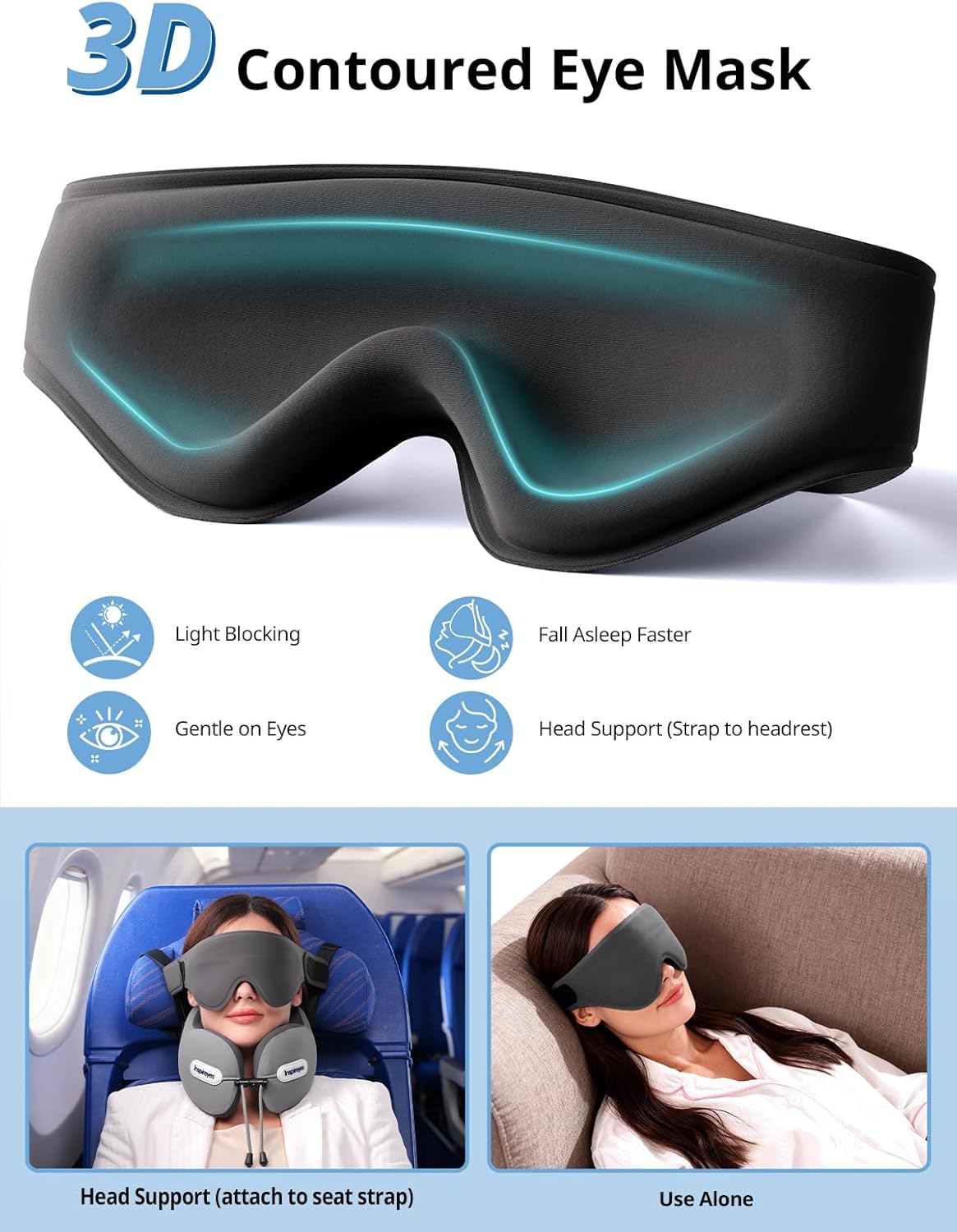 Inspireyes Neck Pillow, Travel Pillow with Seat Strap, 3D Sleep Mask, Dual Support Neck and Head, High Supportive Foam Airplane Pillow for Long Flight Road Trip, Stop Bobblehead Travel Essential, Grey