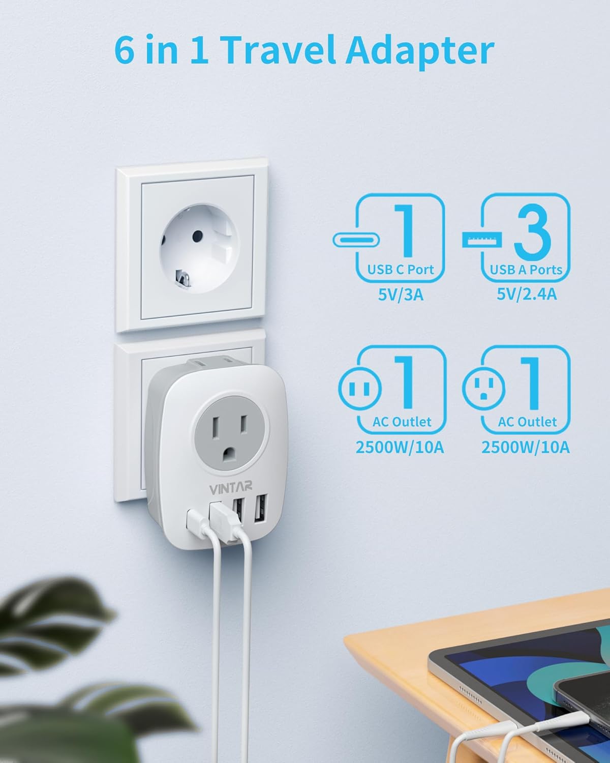 2 Pack Type E/F Travel Adapter, VINTAR Schuko Germany France Adapter Plug