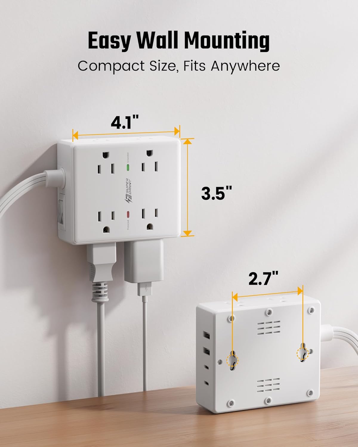 Surge Protector Power Bar, SUPERDANNY 6 Ft Extension Cord with 8 Outlets & 4USB Ports (2 USB 2 C), Mountable Flat Plug Power Strip, Surge Protection for Home, Office, Dorm