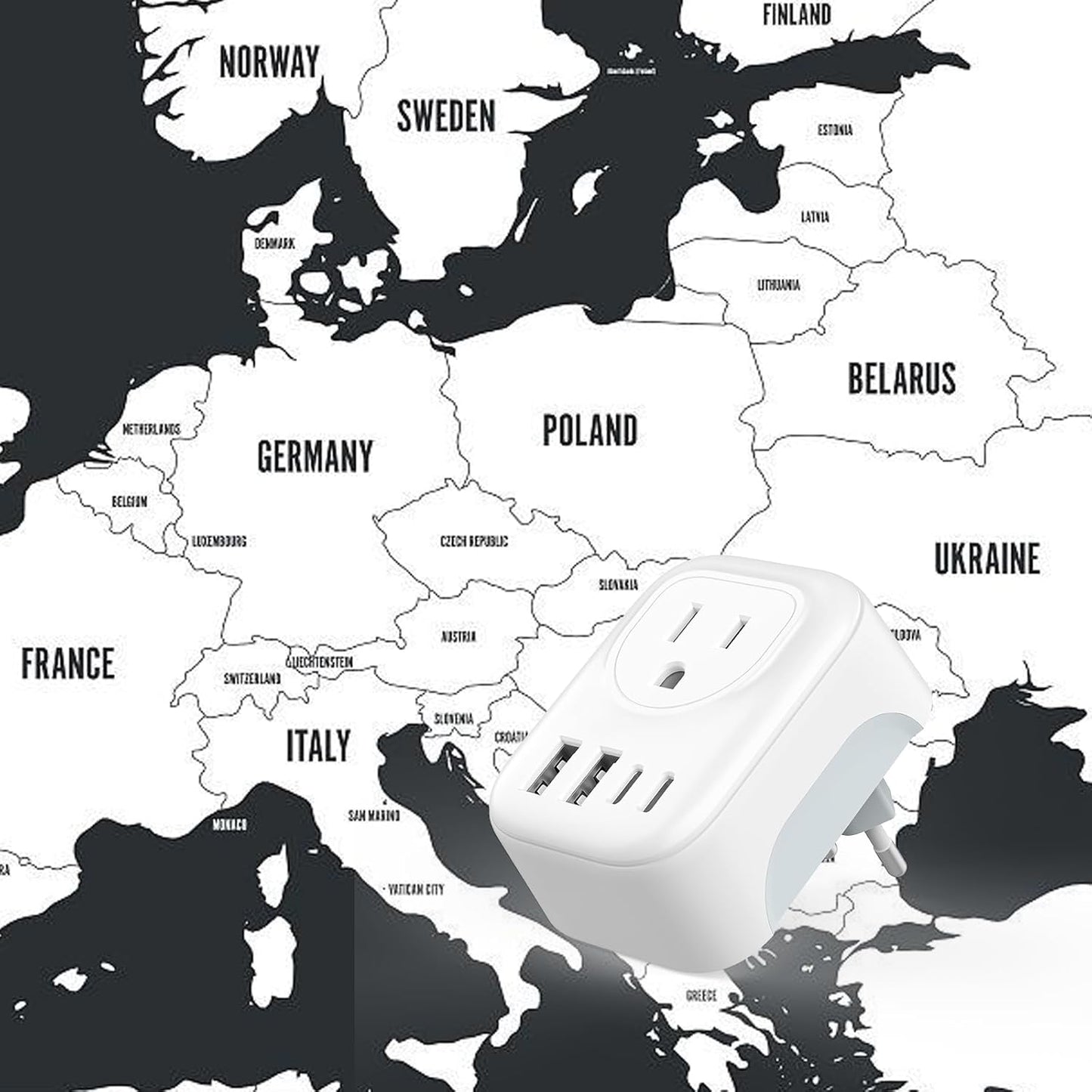European Travel Plug Adapter, VYLEE PD 20W Type C Adapter with 4 AC Outlets 4 USB Ports(2 USB C), Travel Essentials Charger for US to Most of Europe EU Italy Spain France [1 Pack]