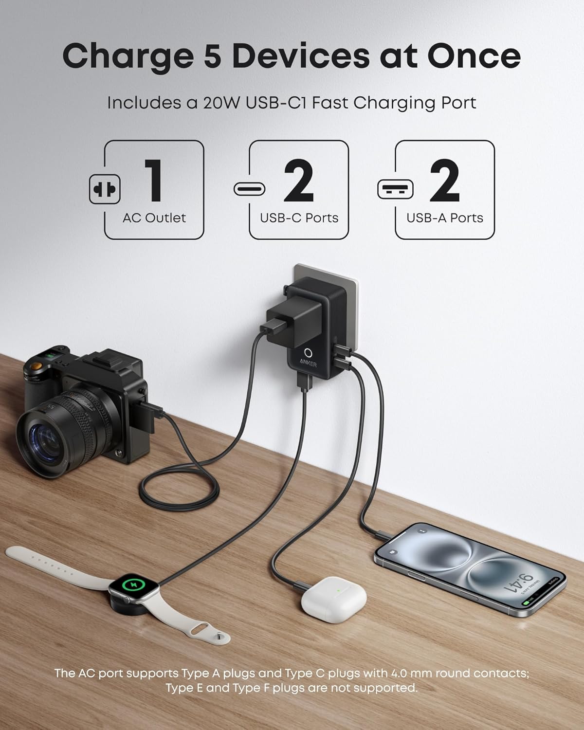 Anker Nano European Travel Plug Adapter, 5-Port Fordable Travel Adapter with 1AC 2USB-A 2USB-C Ports,Temperature Control, Essentials for Over 200 Countries, Ideal for Travel (1-Pack) (Black)