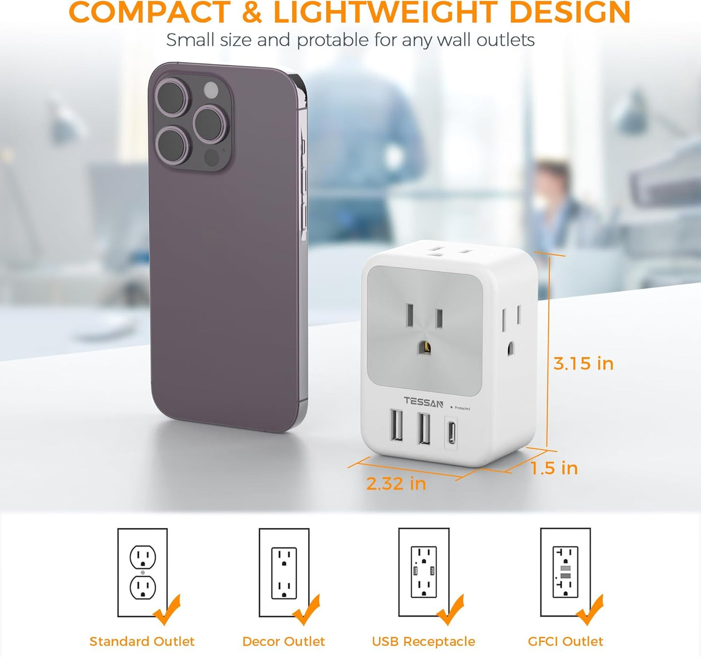 Multi Plug Outlet Extender, TESSAN Multiple Plug Extension Block with 4 AC Splitter, 2 USB A Ports and 1 USB C Port, Surge Protector Wall Outlet Expander for Home Office Dorm Room Essentials, Gray
