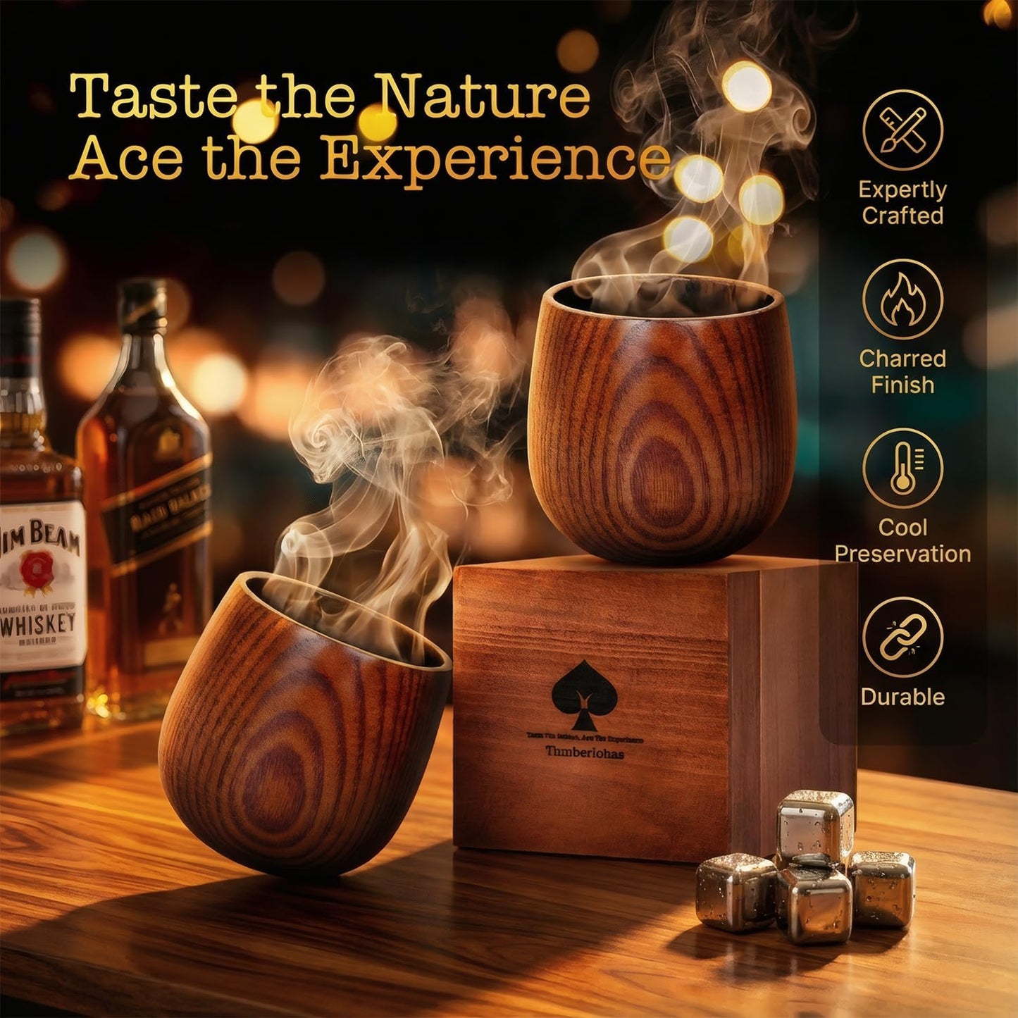 Charred Wooden Whiskey Glass Set – Durable Bourbon Tumbler for Men, Insulated Old Fashioned Glass – Whiskey Gifts for Husband, Dad, Brother – Birthday, Christmas, Father’s Day, Retirement