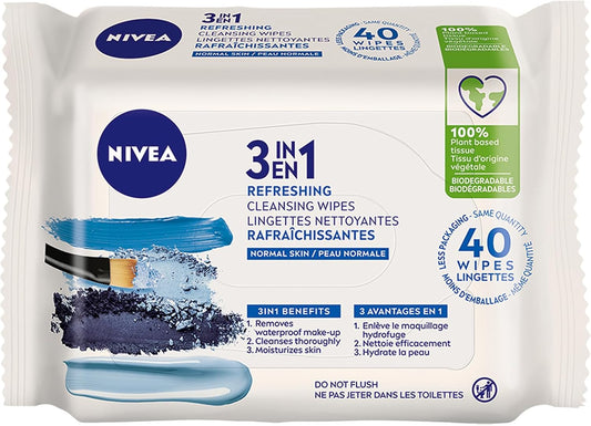NIVEA 3-in-1 Biodegradable Face Cleansing & Make-up Removing Wipes for Normal Skin, 40 Wipes
