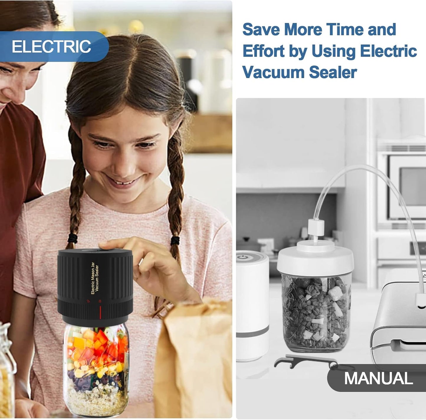 Electric Mason Jar Vacuum Sealer, Cordless Vacuum Sealer Kit for Wide-Mouth & Regular-Mouth Mason Jars, for Food Storage and Fermentation, Black