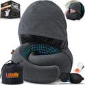 Hooded Pro Travel Pillow - Memory Foam Neck Support Pillow with Hood for Airplane, Flight - 100% Cotton Fabric, Maximum Privacy & Light-Block Design, Lightweight Full Travel Kit - Dark Grey