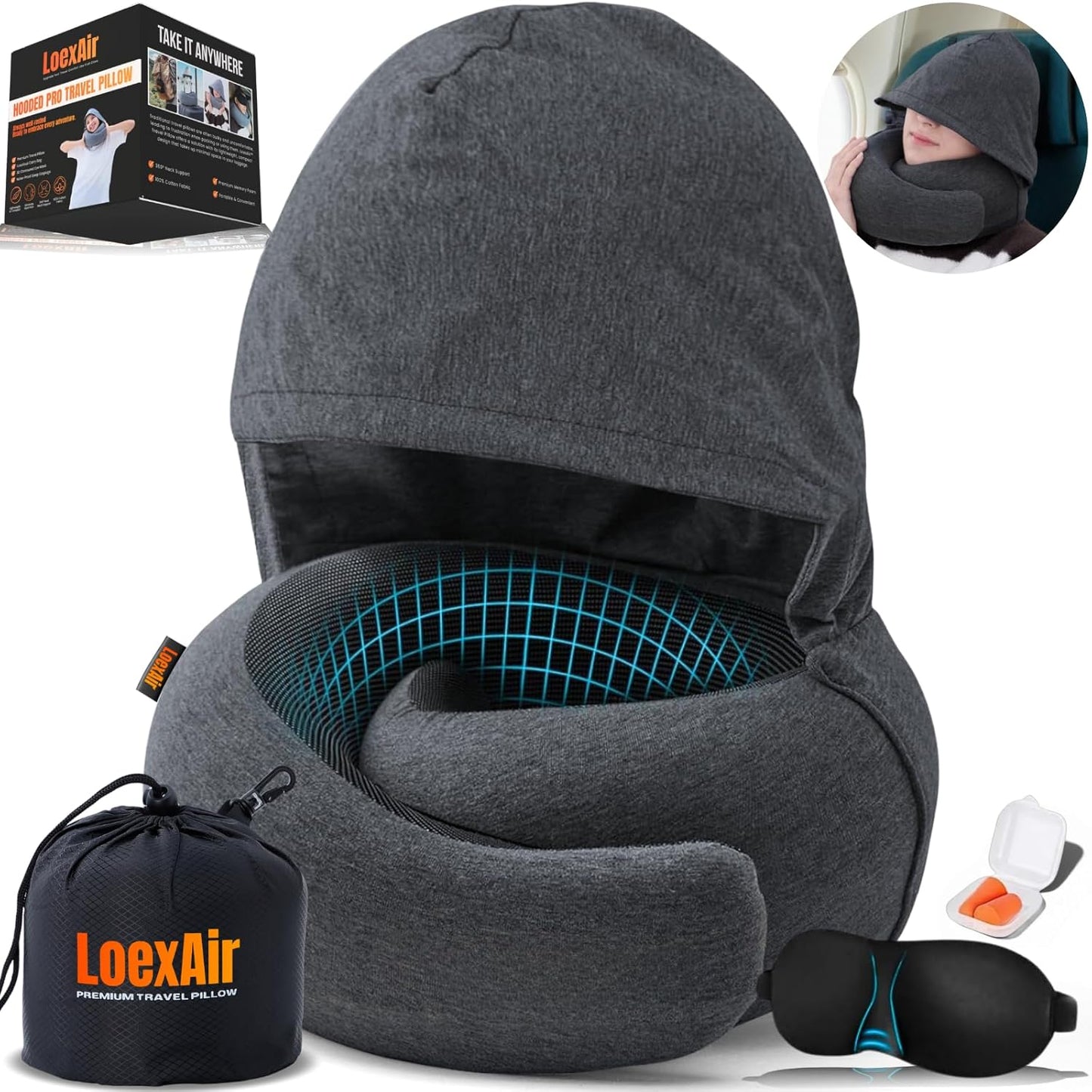 Hooded Pro Travel Pillow - Memory Foam Neck Support Pillow with Hood for Airplane, Flight - 100% Cotton Fabric, Maximum Privacy & Light-Block Design, Lightweight Full Travel Kit - Dark Grey