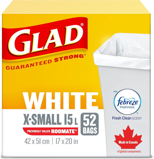 Glad White Garbage Bags - X-Small 15 Litres - Febreze Fresh Clean Scent, 52 Trash Bags, Made in Canada of Global Components