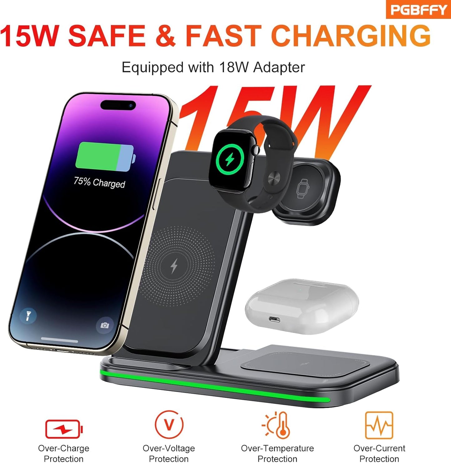 Wireless Charger, 3 in 1 Charging Station, Fast Charging Station Foldable Charging Stand, Wireless Charging Station for Multiple Devices, Compatible with lPhone 17/16/15/14/13 Pro Max Airpods Watch