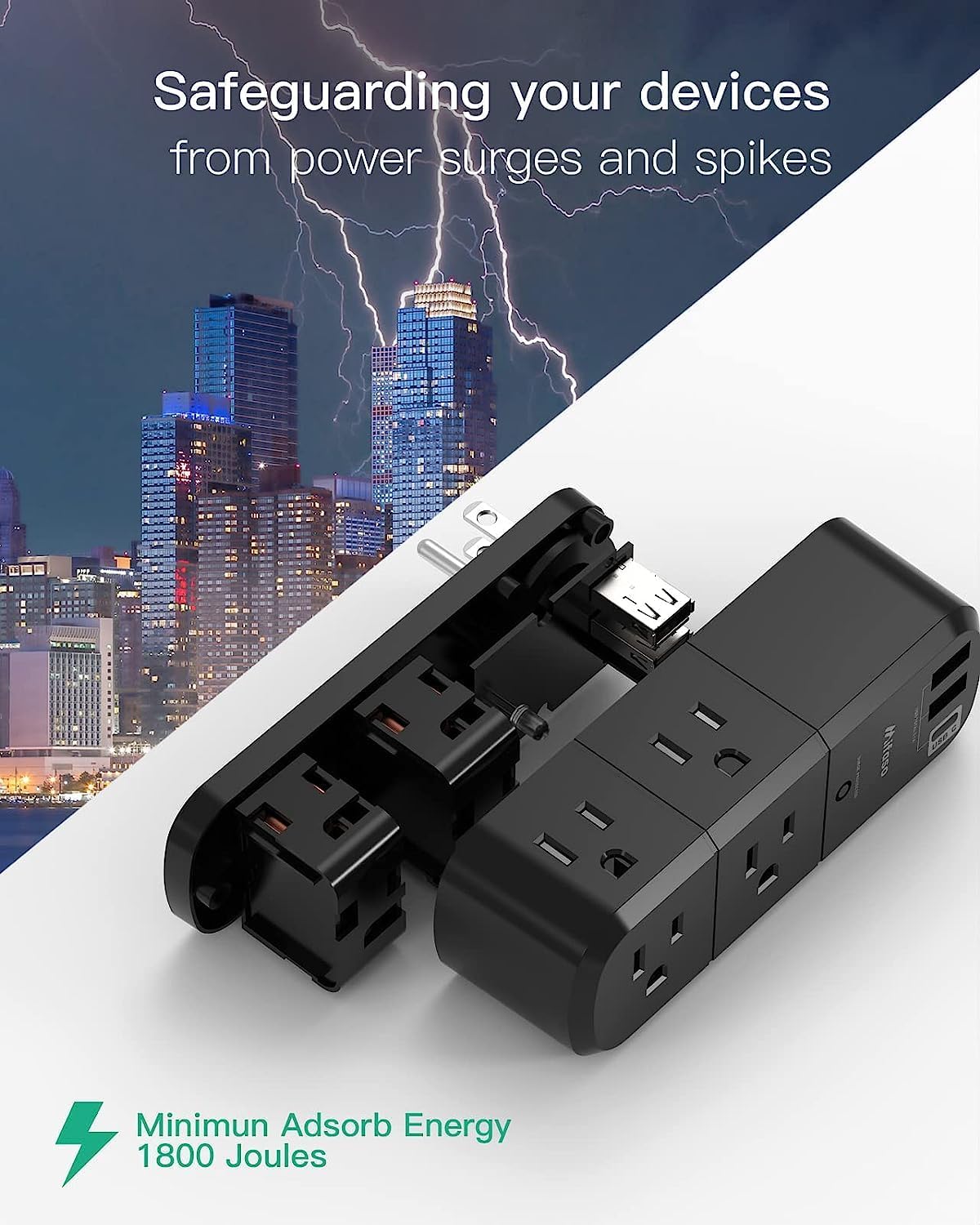 USB Outlet Extender Surge Protector - with Rotating Plug, 6 AC Multi Plug Outlet and 3 USB Ports (1 USB C), 3-Sided Swivel Power Strip with Spaced Outlet Splitter for Home, Office, Travel (Black)