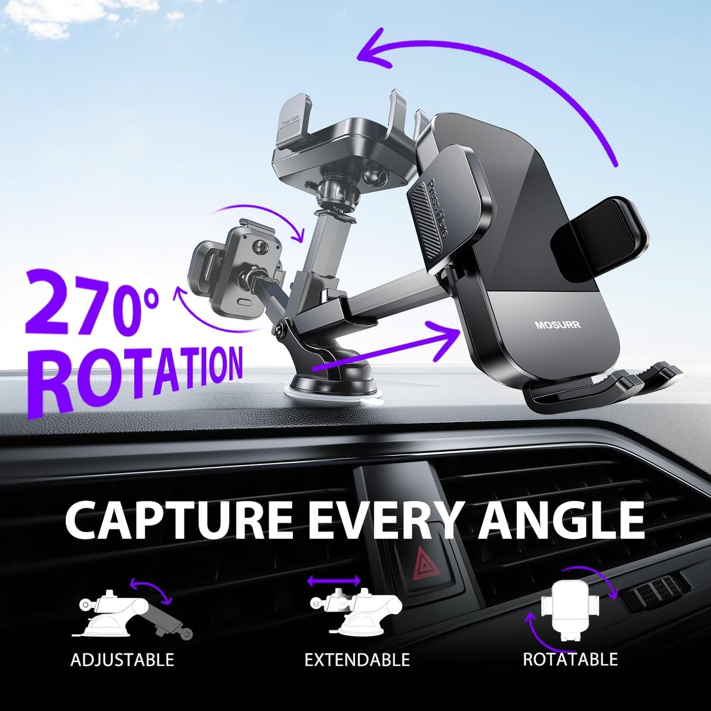 Mosurr Phone Holder Car Mount: Dual Installation (Suction & Vent Clip), 360° Rotation & Telescopic Arm for Stable GPS Navigation, Hands-Free Calls, Driving Safety, Gifts fits for All Phones 4.7-7 Inch