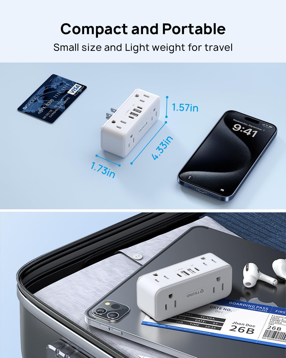 TROND 360° Rotating Plug Surge Protector Outlet Extender, 6 Multi Flat Charging Plug Splitters with 2 PD 20W USB C Ports, 3 Side Electrical Wall Adapter for Home Office Dorm Bathroom Travel Essentials