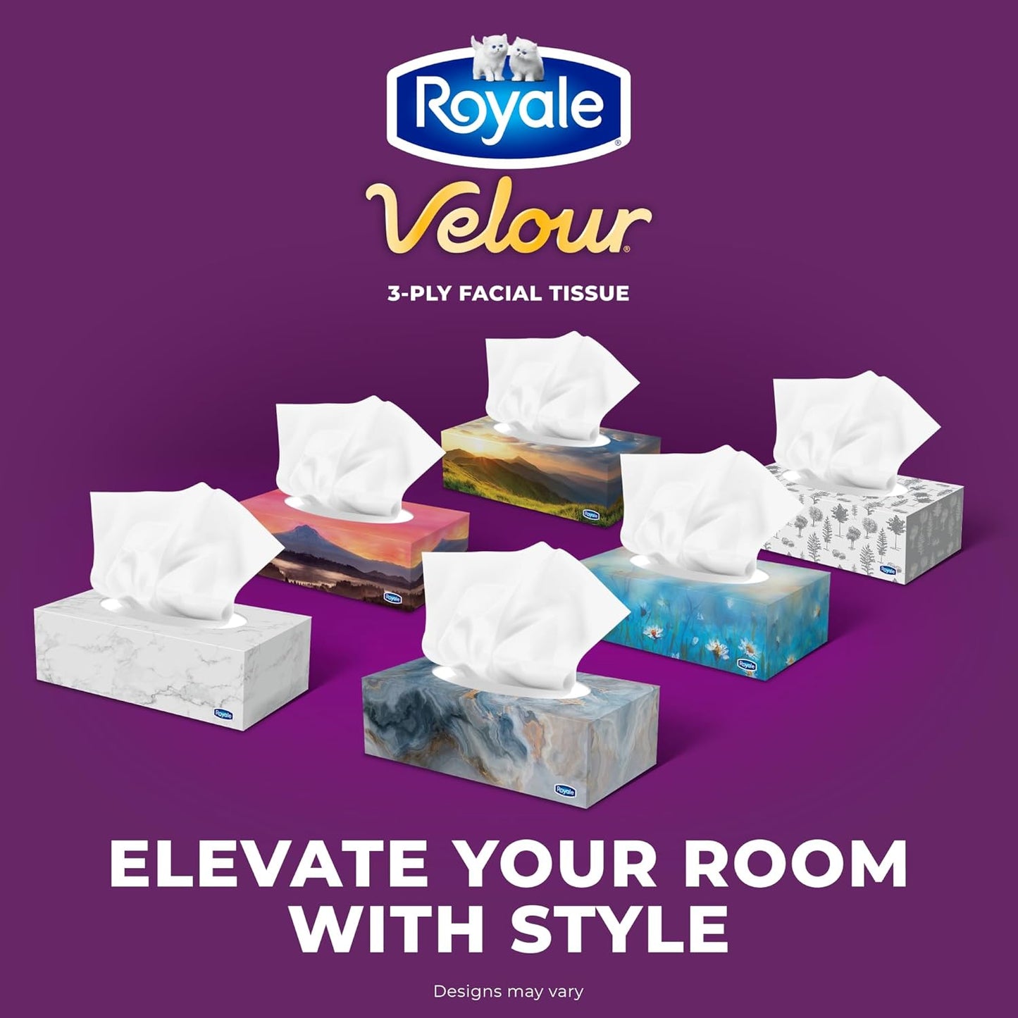 Royale Velour 3 Ply Facial Tissue, 24 Tissue Boxes, 72 Tissues per Box