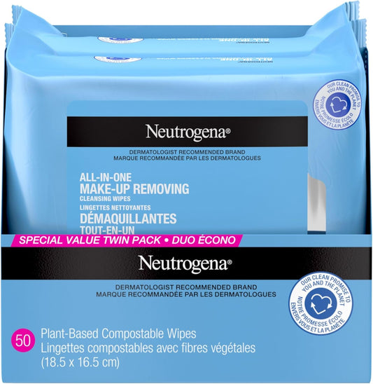Neutrogena All-in-One Makeup Removing Cleansing Wipes - Gentle Cleansing Towelettes Remove Make-up & Waterproof Mascara - Plant-Based, Alcohol-Free Formula for Sensitive Eye Area - Value Twin Pack, 50 Count