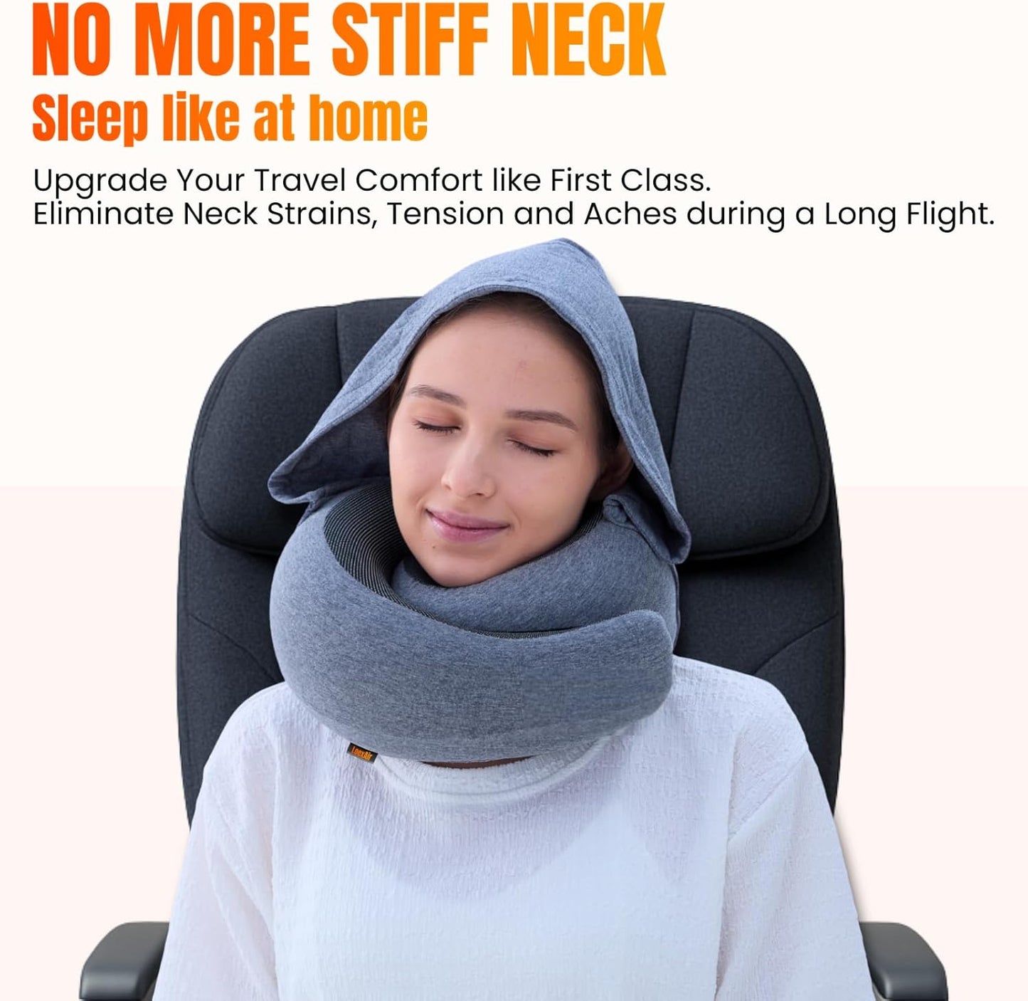 Hooded Pro Travel Pillow - Memory Foam Neck Support Pillow with Hood for Airplane, Flight - 100% Cotton Fabric, Maximum Privacy & Light-Block Design, Lightweight Full Travel Kit - Light Grey