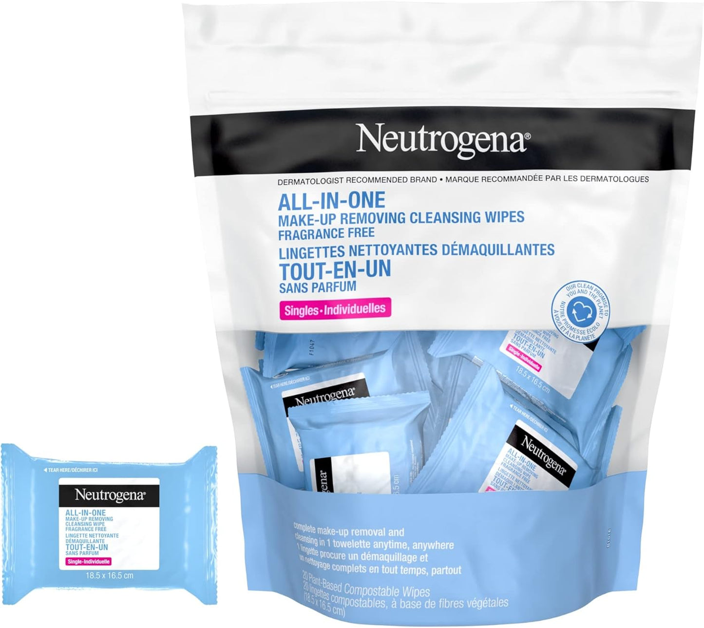 Neutrogena All-in-One Makeup Removing Cleansing Wipes, Waterproof Mascara Removal, Fragrance Free, Travel Pack, 20 Count
