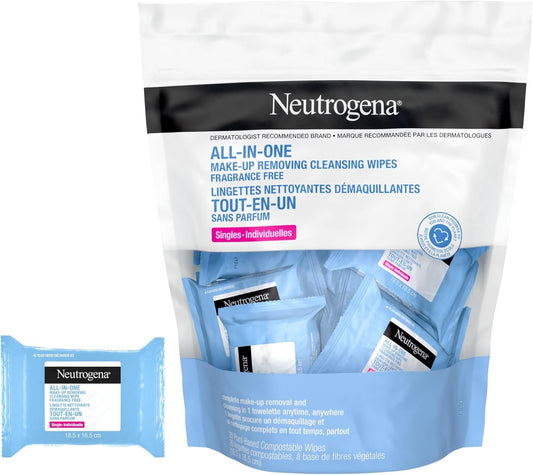 Neutrogena All-in-One Makeup Removing Cleansing Wipes, Waterproof Mascara Removal, Fragrance Free, Travel Pack, 20 Count