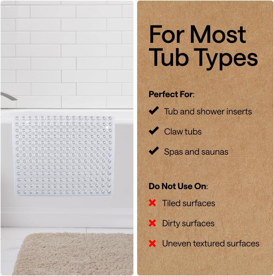 GORILLA GRIP Patented Bath Tub Shower Mat, Machine Washable Bathtub Floor Liner Mats, Suction Cups and Drain Holes to Keep Tubs Clean, Bathroom Essentials, 89x41 cm, Clear