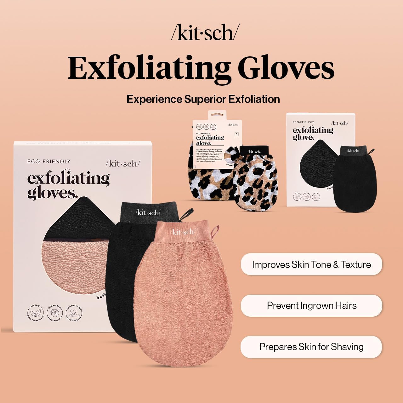 Kitsch Deep Exfoliating Glove - 2pc Eco Friendly Exfoliating Body Scrubber, Dead Skin Remover, Exfoliator Body Scrub Mitt for Skin Cell Renewal, Body Exfoliating Gloves for Shower - Black & Terracotta