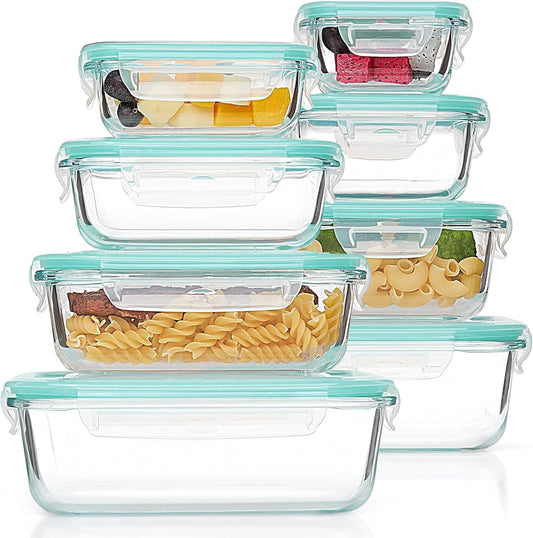 Vtopmart 8 Pack Glass Container Food Storage, Meal Prep Containers, Airtight Lunch Boxes with Leak Proof Locking Lids, for Microwave, Oven, Freezer and Dishwasher, Green