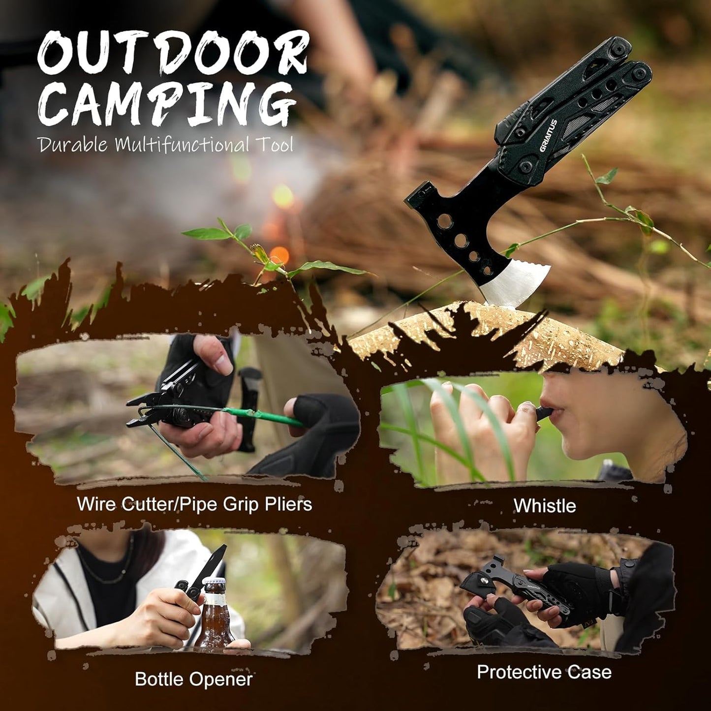 Camping Multitool Accessories Gifts for Men Dad 16 in 1 Upgraded Multi Tool Survival Gear with Axe Hammer Pliers Saw Screwdrivers Bottle Opener Whistle & Portable Sheath for Hiking,Fishing
