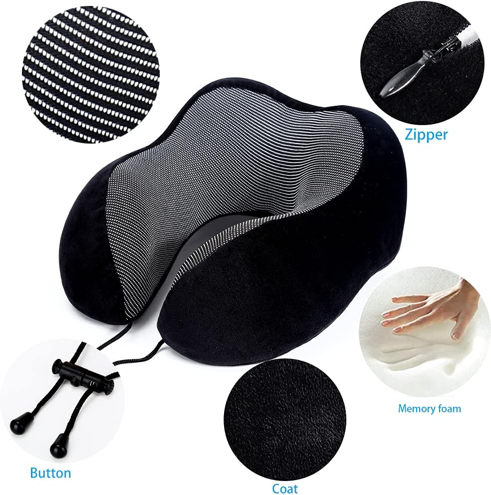 ZHCHG 2 Pack Travel Pillow, Best Memory Foam Neck Pillow for Airplane, Head Support Comfortable Pillow for Sleeping Rest, Train, Car & Home Use (Black and Pink)