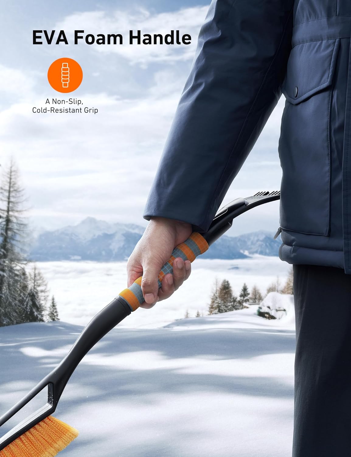 AstroAI 27" Snow Brush and Detachable Ice Scraper with Ergonomic Foam Grip for Cars, Trucks, SUVs (Heavy Duty ABS, PVC Brush, Orange)