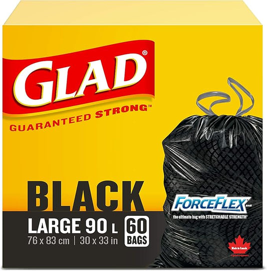 Glad Black Garbage Bags - Large 90 Litres - ForceFlex Drawstring, 60 Trash Bags, Made in Canada of Global Components