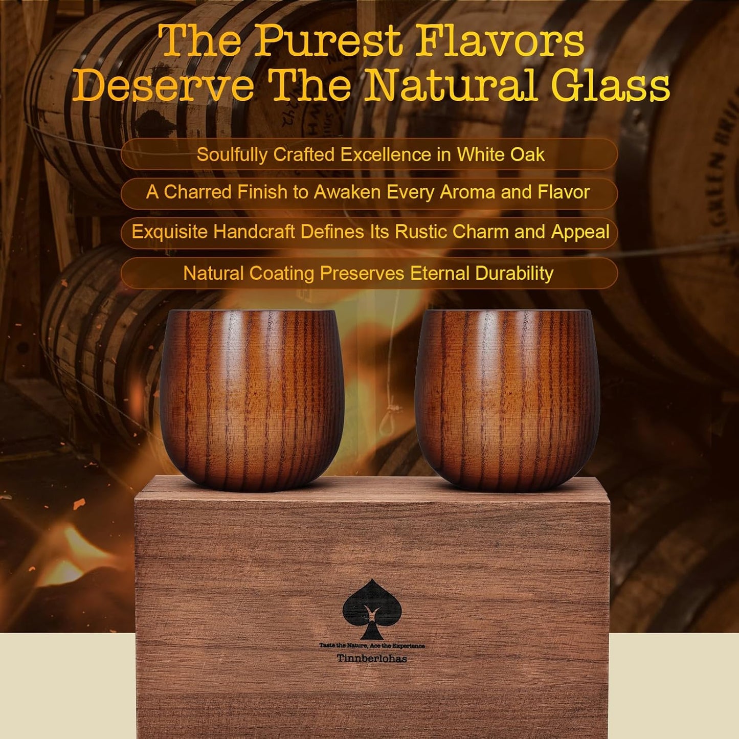 Charred Wooden Whiskey Glass Set of 2 – Durable Bourbon Tumbler for Men, Insulated Old Fashioned Glass – Whiskey Gifts for Husband, Dad, Brother – Birthday, Christmas, Father's Day
