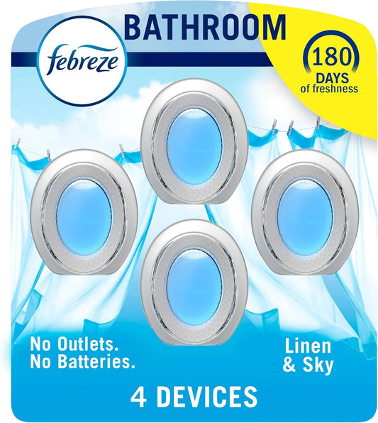 Febreze Odor-Fighting, Plug in Alternative, Air Fresheners for Home and Bathroom, Kitchen & Closet, Linen & Sky Scent, 4 Count