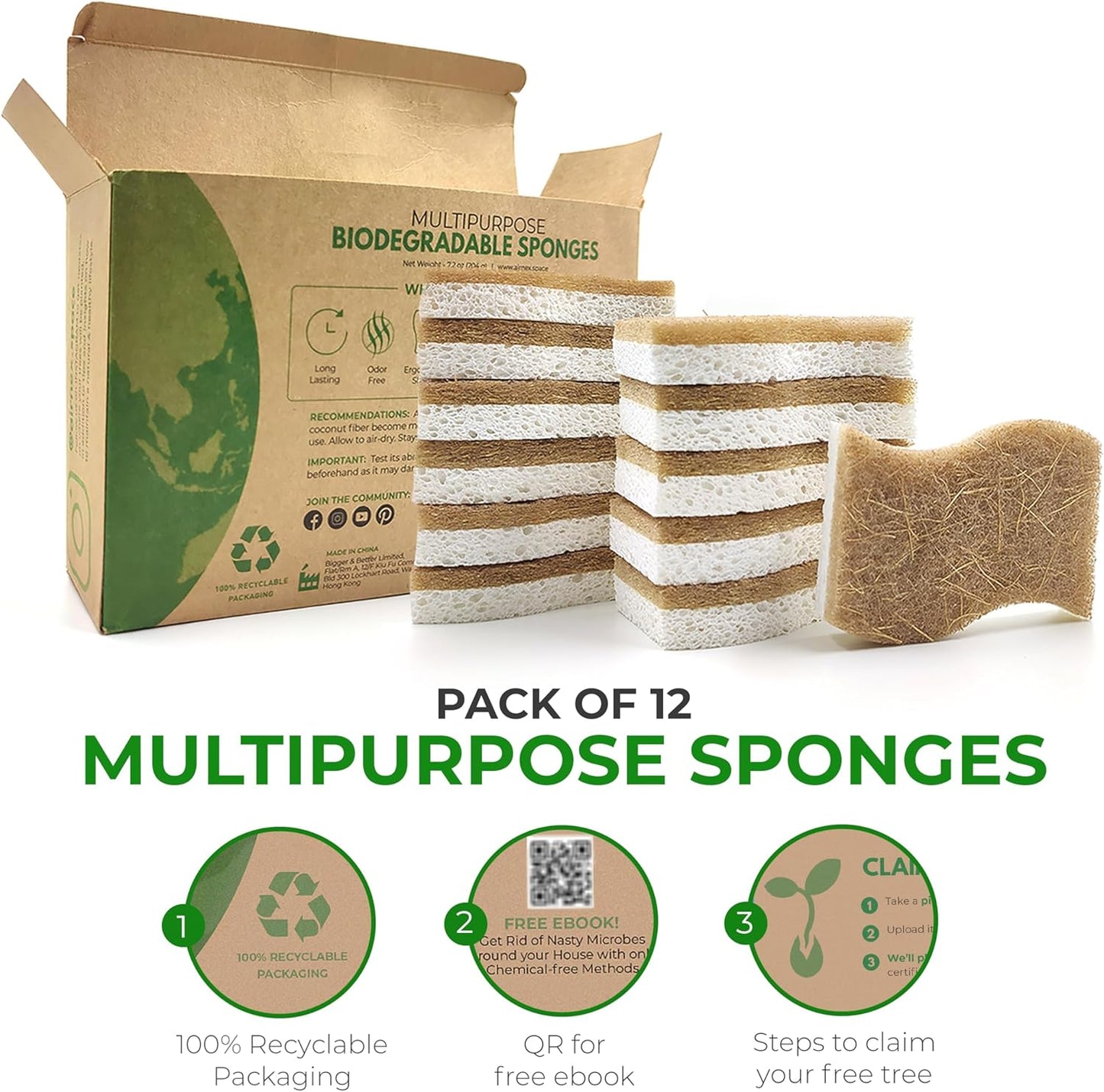 AIRNEX 12 Pack Natural Sponges for Dishes - Biodegradable Sponges for Kitchen - Plant Based Cellulose & Coconut Natural Dish Sponge - Non Toxic Eco Friendly Sponges, Non Scratch Kitchen Scrubber