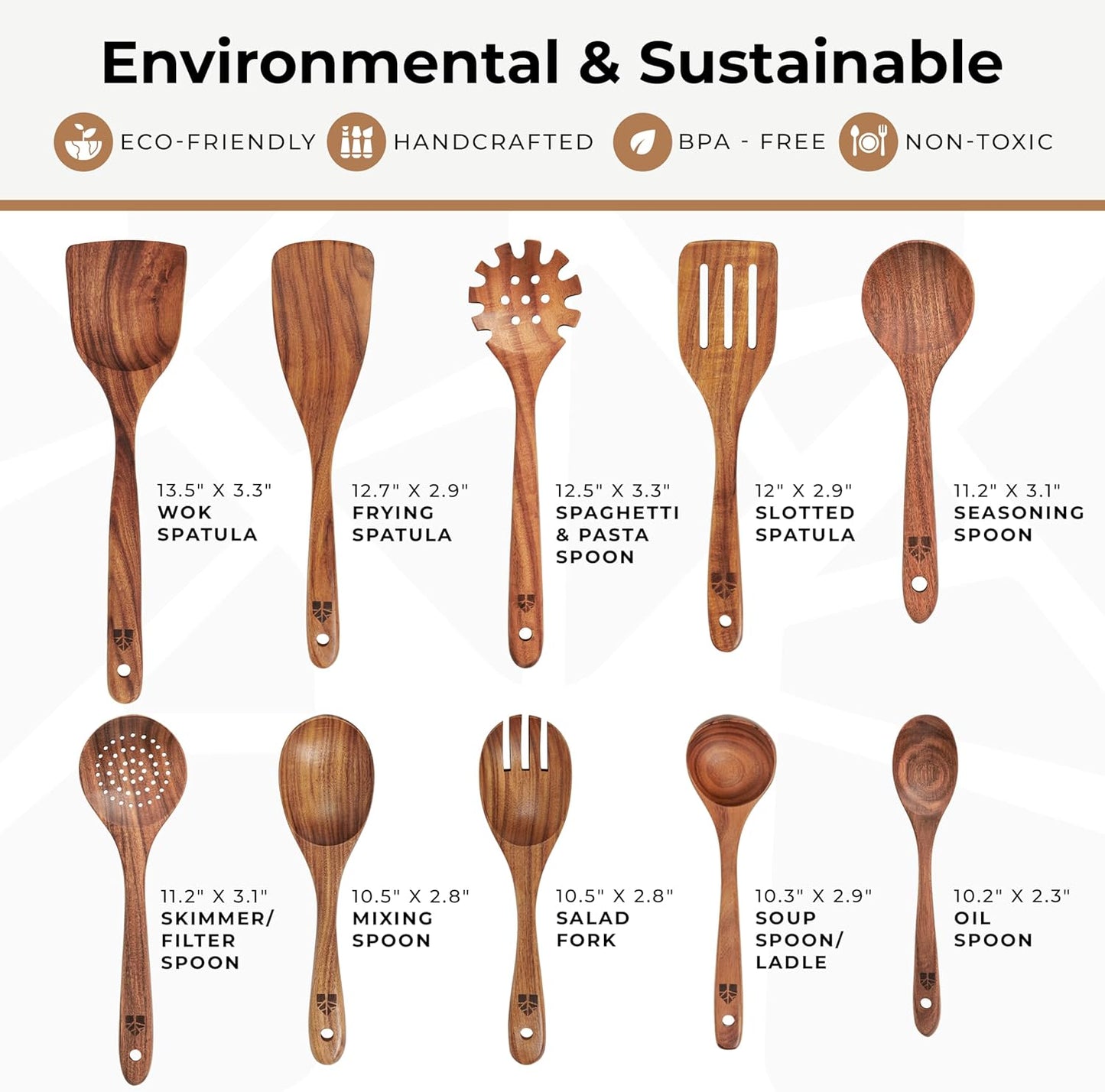 Wooden Spoons for Cooking, Kitchen Utensil Set, 10 Pcs Cooking Utensils Set for Nonstick Pans & Cookware – Study Teak Wood, Lightweight & Heat Resistant