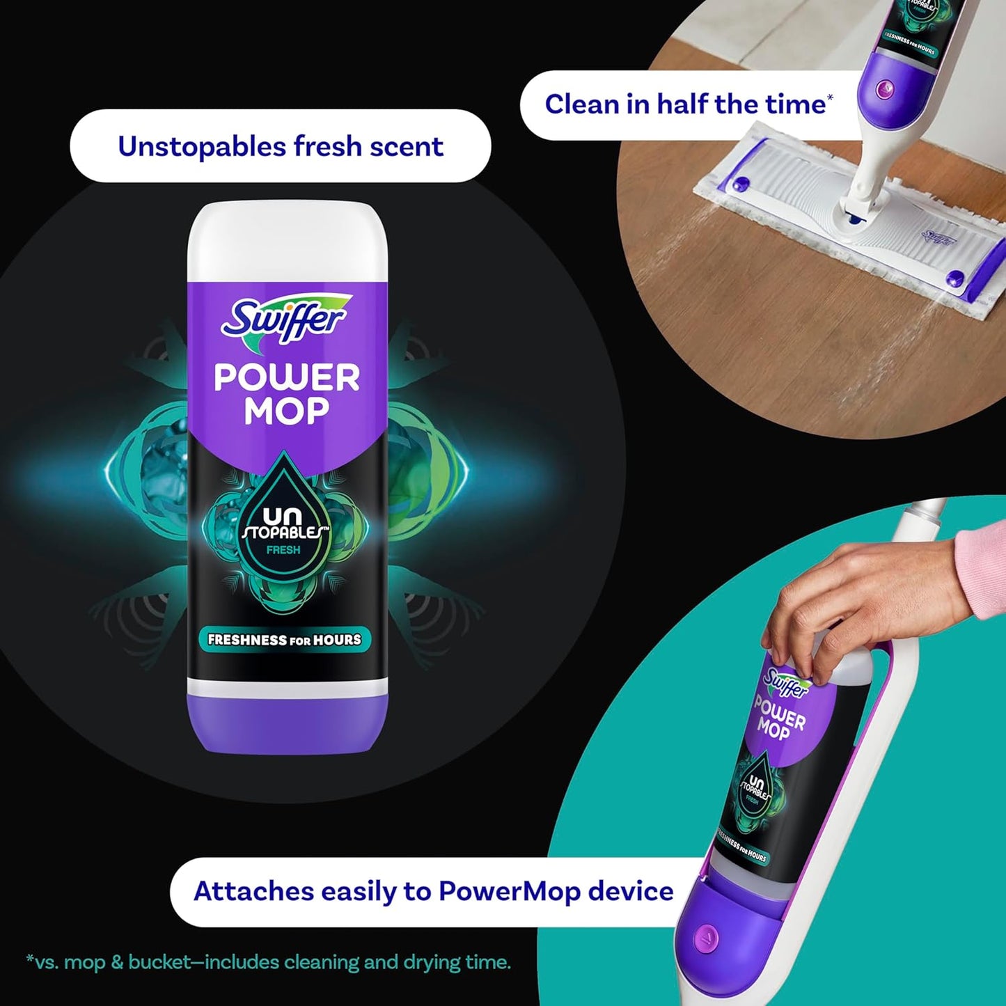 Swiffer PowerMop Floor Cleaning Solution with Unstopables Fresh Scent, 1.5 L Total (2 Count of 750 mL Each)